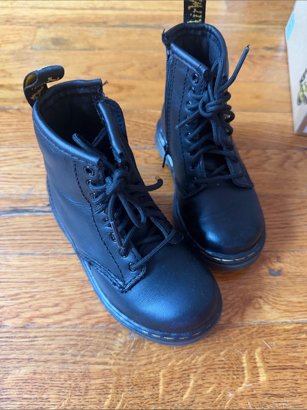 Dr. Martens Kids Black Lace-Up Leather Boots with Yellow Stitching